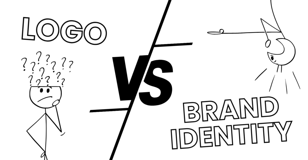 An illustration showing the difference between brand identity and logo design with visual elements representing branding components.